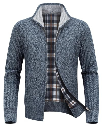 KUDORO Cardigan Gilet Homme Pull Homme Cardigan en Tricot Chandail Homme Zippé Chaud Slim Fit Épais avec Col Montant Tricot Décontractée Polaire Men Sweater Mode Vest(Bleu Marin,XXL)