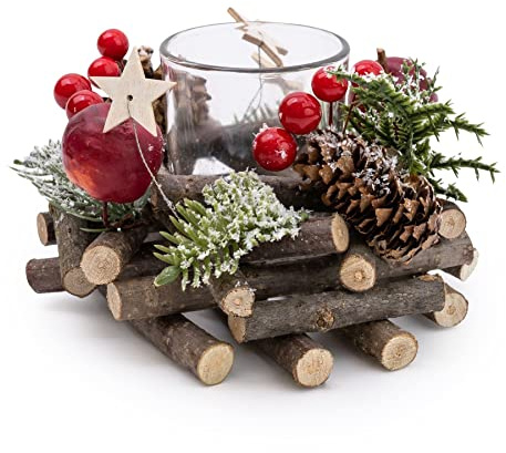 Tealight Candle Holder | Berry & Pinecone Table Centrepiece Decoration - Christmas Wreath Tea Light Holder Centrepiece For Dining Table