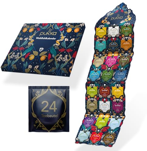 Pukka | Calendario de bienestar | Azul | Té de hierbas orgánico | Respetuoso con el medio ambiente | Sin chocolate | Sin leche | 24 bolsitas de té | 21 variantes de té