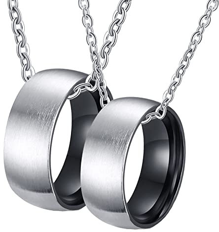 BCughia Pärchen Kette mit Gravur, Partner Ketten Personalisiert Silber Schwarz Halskette Personalisiert Silberner Gebürsteter Ring 8 mm Halsketten