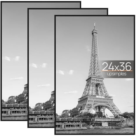 upsimples 24x36 Poster Frame Black 3 Pack, Scratch-Proof Picture Frames 24 x 36 for Photo Gallery - Slide-In Strips, Horizontal or Vertical Wall Mounting