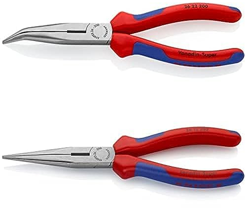 KNIPEX Flachrundzange mit Schneide, abgewinkelte Spitzen (Storchschnabelzange) 26 22 200 + KNIPEX Flachrundzange mit Schneide, gerade Spitzen (Storchschnabelzange) 26 12 200