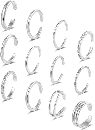 Tornito 12Pcs 18K Gold Filled Toe Rings Minimalist Thin Wire Cubic Zirconia Summer Beach Toe Rings Open Adjustable Foot Jewelry for Women Silver Tone