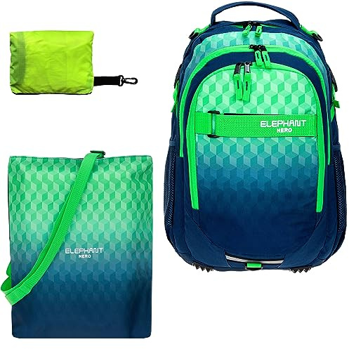 Elephant 3tlg. Set Schulrucksack Hero 12810 Cube Green Blue rtp | Signature Jungen Mädchen Blau Grün Schule Tasche Brustgurt mit Sportbeutel Attach Bag und Regenhülle Premium