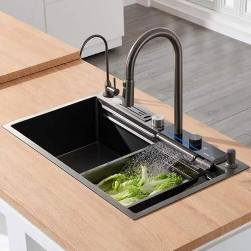 BEITH Fregadero Cocina 1 Seno, Multifuncional Fregaderos Modernos para Cocina con Escurridor, Pantalla Digital, Cascada de ángulo Ajustable, Grifo de Cocina Extraíble, Bajo Encimera, Acero Inoxidable
