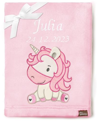 Be Mammy Personalisierte Babydecke mit 3D Applikation Warme Kuscheldecke mit Namen und Geburtsdatum; Perfektes Baby Geschenk; Blanket; Krabbeldecke BE20-280 (Puderrosa - Einhorn)