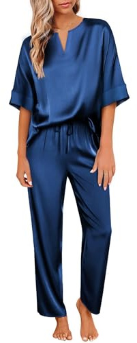 Ekouaer Pigiama da Donna in Raso Set Pigiama da Donna in Seta per La Notte Pigiami Due Pezzi da Donna Comodo e Traspirante,Blu Navy,S
