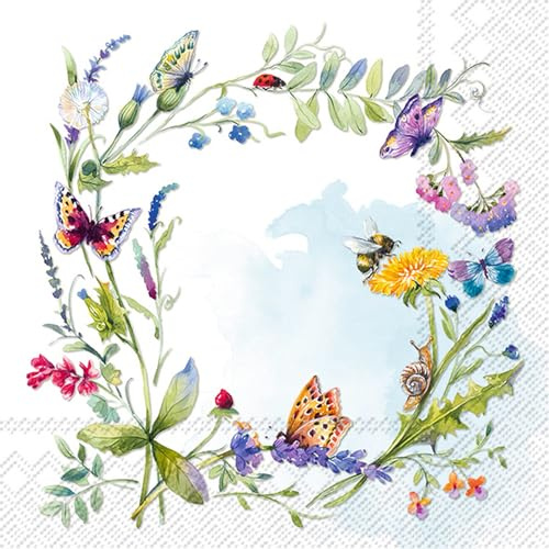 20 Servietten Frühling Wiesenblumen als Kranz als Tischdeko. Papierservietten mit Motiv. Auch für Decoupage und Serviettentechnik 33x33cm