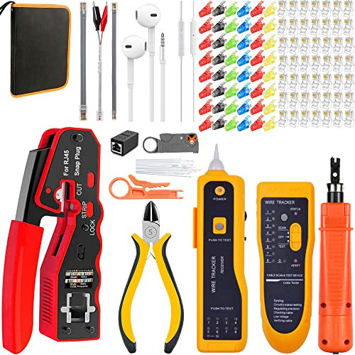 MAYLINE RJ45 RJ11 Cat5 Cat6 - Kit de comprobación de cables de red con 50 piezas de conectores de cristal, pelacables (rojo)
