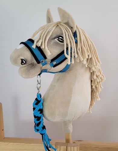 Hobby Horse Set Halfter A3 mit schwarzem Fell + Seilbefestigung - schwarz und türkis Kein Pferd im Lieferumfang enthalten