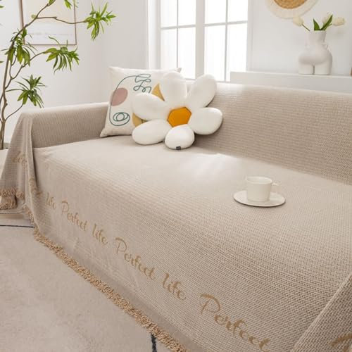 AMDXD Sofa Überwurfdecke, Einfarbig Muster mit Quaste Sofaüberwurf Decke Vintage, Anti-Rutsch Sofaüberwurf Katzen in Chenille für Wohnzimmer - 180x150CM, Khaki