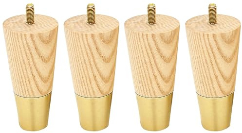 Hsthe Sea 4 pcs Oak Wood Furniture Legs, Furniture Legs With Gold Caps for Sofa, Armchair, Cabinet, Chair, Footstool, Bed, Ottoman