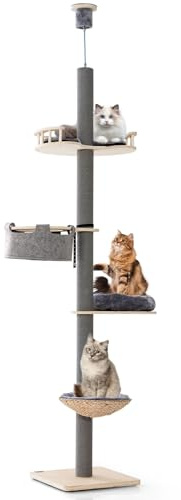 COSTWAY klösträd takhögt, 236–271 cm, från botten till tak, 5 våningar kattträd, klösträd för katter högt, klätterträd med hängmatta och korg & säng, kattmöbler trä, grå