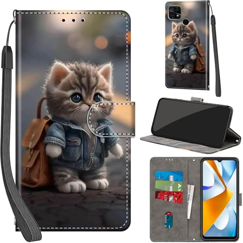Haninsuze Funda para Xiaomi Redmi 10C PU Cuero, Gato | Ranura para Tarjeta, TPU Resistente a Golpes, Cierre Magnético, Función de Soporte, Funda Abatible, Cartera