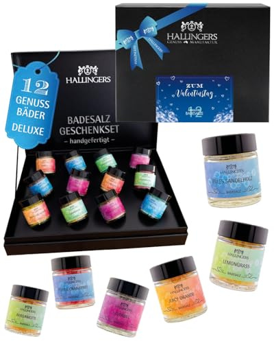 Hallingers Genuss Manufaktur Badesalze Valentinstagsgeschenk-Set - 12x Badezusatz mit Totes Meer Badesalz edle Geschenkbox, Badekristalle Fußbad & Spa Zum Valentinstag, Valentintstag für Frauen