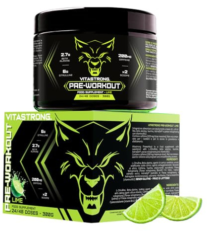 Pre Workout Booster Puissant 300g Goût Lime, Vegan Preworkout, Vitamine B12, L Citrulline, Beta Alanine, Cafeine, Taurine, AstraGin, Vitastrong Pre Workout (24 portions (paquet de 1), Lime)