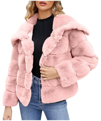 Komiseup Fleecejacke Damen, Winterjacke Damen Kurze Winter Pelzmantel Elegant Kunstpelz Jacke Offener Front Wintermantel Dick Plüschjacke mit Kapuze Faux Pelz Coat Warme Kunstfell Oberbekleidung 31