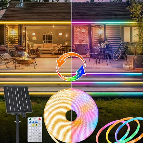 ZAIYW 10M Bicolor Tira LED Solar Exterior, IP68 Impermeable, con Control Remoto y Temporizador, Autoadhesiva y Recortable para Jardín y Patio (Blanco Cálido y Multicolor)