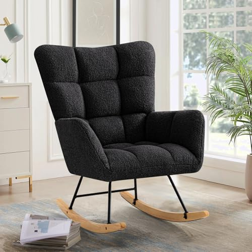 Ckaff Schaukelstuhl, Schaukelsessel Stillsessel Babyzimmer, Relaxstuhl Gepolsterter Sessel Wohnzimmersessel Lesesessel mit Holzkufen, Armlehne für Wohnzimmer Schlafzimmer Babyzimmer, Schwarz