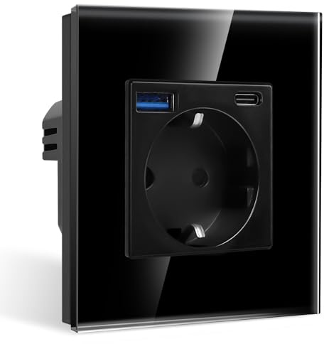 CNBINGO Enchufe individual con 2× puerto USB (Máx. 2.1A, Tipo-C y USB-A) - Simple enchufe de vidrio Schuko empotrable - Enchufe de pared negro con protección para niños