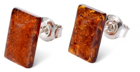 Amber Jewelry for Women - 925 Sterling Silver and Baltic Amber Earrings, Small Rectangular Silver Gemstone Studs - Sterling Silver Jewelry Collection