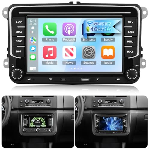 NHOPEEW 7 Zoll Android Autoradio mit 4 + 64 GB und USB Typ-C-Anschluss für VW Passat B6, B7 Golf 5 6 Jetta T5 EOS POLO Touran Seat Sharan Unterstützt CarPlay und Android Auto WiFi GPS + Rückfahrkamera