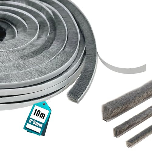 Midslinee 9mm(W) x 5mm(D) x 10M(L) Junta de Cepillo Autoadhesiva Gris, Burlete Cepillo para Puerta Corredera Ventana y Persiana, Burlete para Aislamiento Viento Frío, Ruido y Polvo