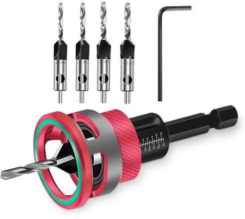 Jeu de 6 forets fraisés avec butée de profondeur réglable et clé en forme de L, parfaits pour les projets de travail du bois, du plastique et du bois (Red)