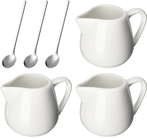 Piccolo set di bricco per latte da 130 ml, con manico, tazze in ceramica per salsa, cucchiaini da caffè, in acciaio inox (3 brocche e 3 cucchiai)