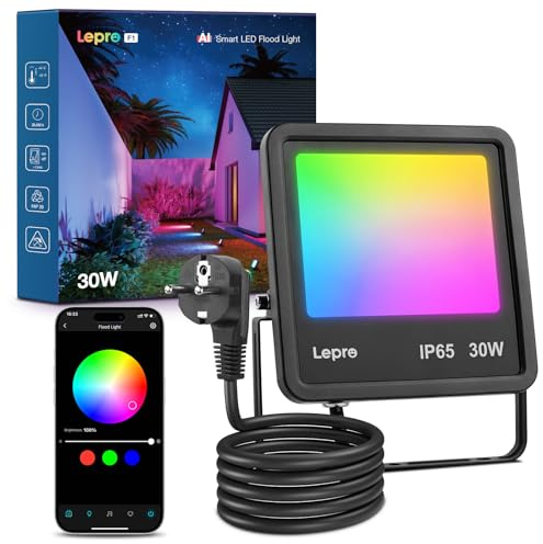 Lepro AI F1 30W Foco LED Exterior Inteligente, Foco RGB Regulable | Sync Música y Control de Voz, Funciona con Alexa/Google, IP65, Diseñador de Iluminación AI Personalizado para Jardín