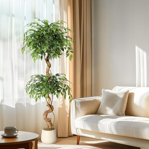 Garvee Higuera Artificial con Tronco Curvo 150 cm – Árbol de Seda Realista sin Mantenimiento con Maceta Blanca Moderna para Decoración de Interior y Exterior en Salón u Oficina