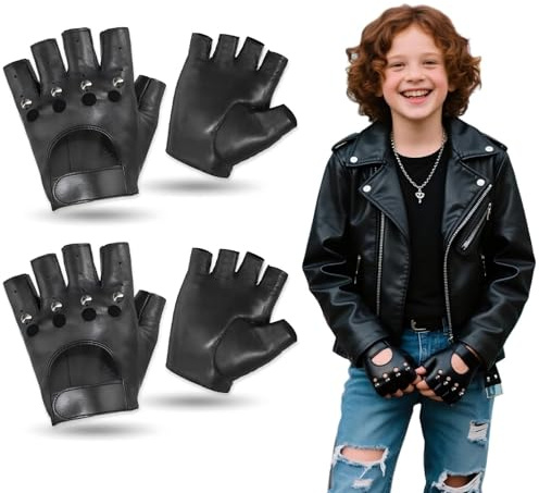 YCZARD 2Pairs PU Leather Punk Fingerless Gloves for Kids, Hollow Out Stylish Gothic Leather Studded Biker Gloves, Punk Costume Glove Cosplay Halloween Performance for Kids 8-12 Years Boys Girls