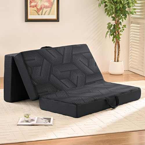 Housiney Mattress Topper, 6 Inch Memory Foam Tri-Fold Mattress Full, Foldable Bed with Washable Cover, Handles and Non-Slip Bottom for Yoga, Living Room, Camping, 73x 52 x 6, Black