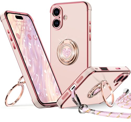 XYZ for iPhone 17 Case with Stand, Double Ring Holder Case Heart with Lanyard for Girls Women, Luxury Cute Bling Protective Phone Cover for iPhone 17 6.3 inch, Pink