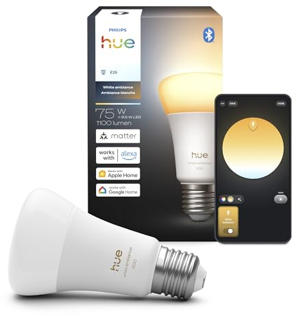 Philips Hue Smart LED A19 Bulb, White Ambiance, E26 Base, 9.5W, Full Spectrum Light 1000K-20000K, 1100 Lumens, Dimmable, Compatible with Alexa, Google Assistant, and Apple Home, 1 Pack