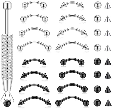 LORACOXS 16PCS Eyebrow Piercing Jewelry, 16PCS Replacement Balls and Spike, Curved Barbell Piercing Jewelry, Vertical Labret Lip Jewelry, Rook Piercing for Women Men