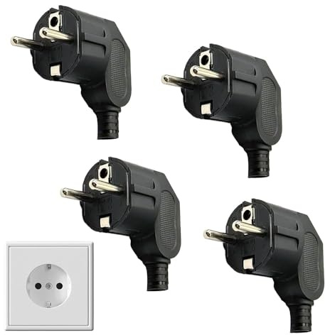 4 Stück Schuko Stecker,Schukostecker (250V 16A),Schuko Winkelstecker für 8-10mm Kabel,Schukostecker-Abgewinkelt,IP20 für Den Innenbereich,Langlebig und Bruchfest(Schwarz)