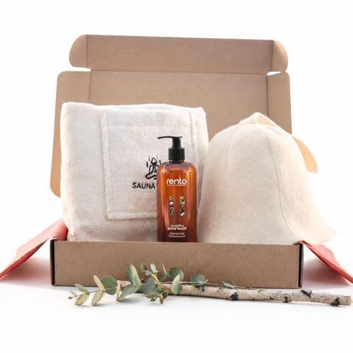 SAUNA GURU Sauna Gift Set for Men - Sauna Hat & Sauna Kilt Towel Made of Natural Materials with Nourishing Shower Gel - Sauna Accessory Set for Relaxation, Care & Wellness - Gift for Him