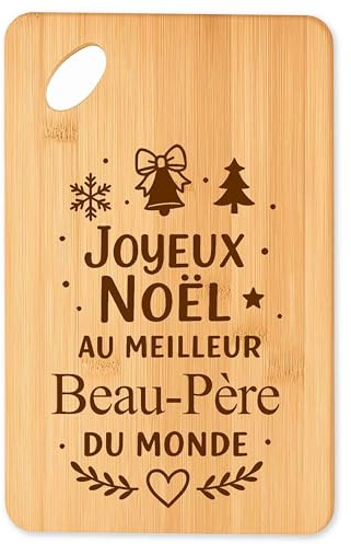 Planche à Découper Joyeux Noël au Meilleur Beau-Père du Monde - Plateau Apéro en Bambou Cadeau Noël Gravé Collègue Cuisine Barbecue