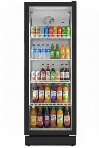 SCHOEPF Kühlschrank mit Glastüre - 300 L - gewerblicher Getränkekühlschrank - Umluft - Glastür-Kühlschrank - 4 verstellbare Drahtablagen - 169cm Höhe - GKS300 (Schwarz)