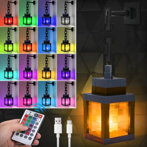 Roilui Pixelated Lantern Night Light - 16 Colors LED Touch Light with Remote Control, USB Rechargeable Hanging Lantern Lamp for Gamer Boys Girls Bedroom Game Room Wall Decor