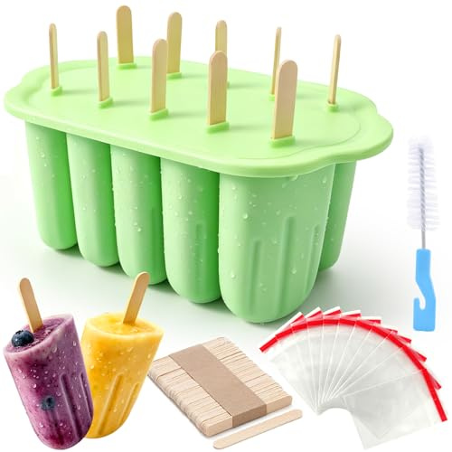 Rierousy Eisformen Silikon 10 Hohlräume Eis Am Stiel Formen Reinigungsbürste, 50 Holzstäbchen und 50 Eislutschertüten BPA-Freie eis am stiel formen Wiederverwendbar & Leicht zu lösen