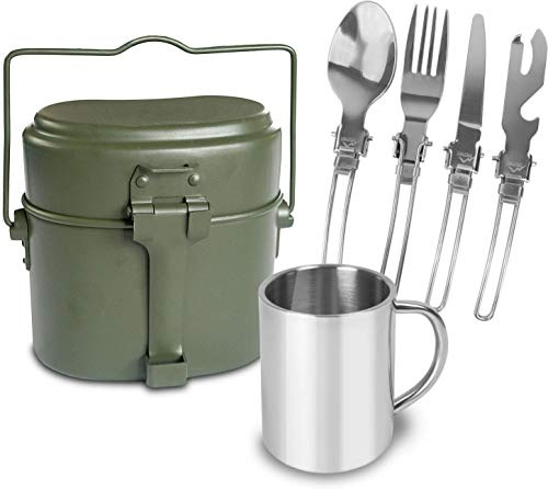 Outdoor Essgeschirr-Set bestehend aus Edelstahl Besteck, Tasse und BW Kochgeschirr