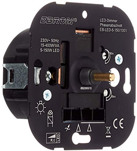 EBROM® Unterputz LED Dimmer Drehdimmer, Phasenabschnitt, LED 5-150 Watt, dimmbare Halogen etc. 15-400 W/VA, passt zu Busch Jäger, Gira, Jung, Berker, Mindest- und Höchsthelligkeit
