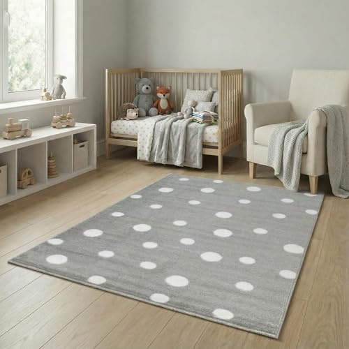 Jimri Kinderteppich DOTS l Pünktchen Gepunktet l Öko-Tex Siegel | Farbe: Beige Blau Rosa | Kinderzimmer/Jugendzimmer (Grau, 120x170 cm)