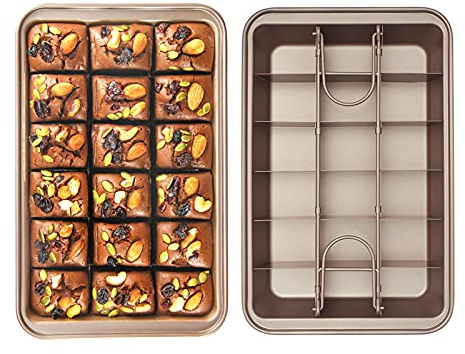 JIUAI Brownie Tin Non-Stick Brownie Pan with Dividers Traybake Tin-Precut Brownie Tray for Professional Slices Baking Tray 18-Cavity,Tray Bake tins for Baking Square Cake - 12 Inches Brown