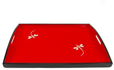 Art Saigon Plateau en Bois Laqué Rouge et Noir “Symbole Libellule”, Fait Main, L37 x 26cm - Plateau de Service avec Poignée - Artisanat du Vietnam et Déco Asiatique (S39-4975-37)