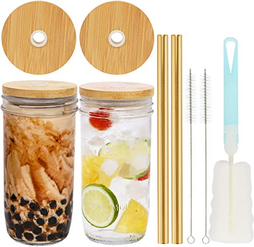 ZgoEC 24oz Reusable Glass Cups Tumbler with Lids and Straws, 2 Pack Bubble Tea Cups Drinking Glasses, Wide Mouth Mason Jar Iced Coffee Mug for Smoothie, Juice, Soda, Gift for Friends