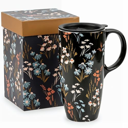 DUSVALLY Ceramic Travel Mug with Lid, 500ml/17oz Large Coffee Mug | Modern Botanical Floral Design, Microwave & Dishwasher Safe, Gift Box Included