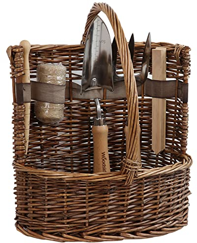 Woodside Willow Tool Basket/Bucket/Trug with Garden Hand Tools, Shovel Fork Dibber Twine & Plant Labels